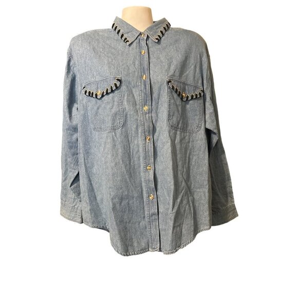 Vintage 80s Clodia Dee WhipStitch Denim Top LRG Long SLV Shoulder Pads Women NWT - Picture 7 of 11